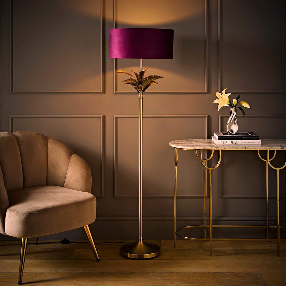 ValueLights Christina Plum Velvet Squat Shade Gold Leaves Floor Lamp with Bulb Image 2
