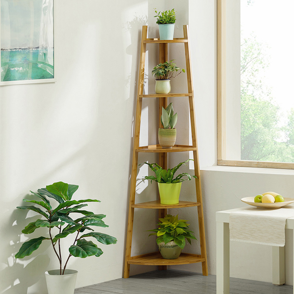 Living and Home Natural 5 Tier Corner Ladder Shelf for Plant Image 2