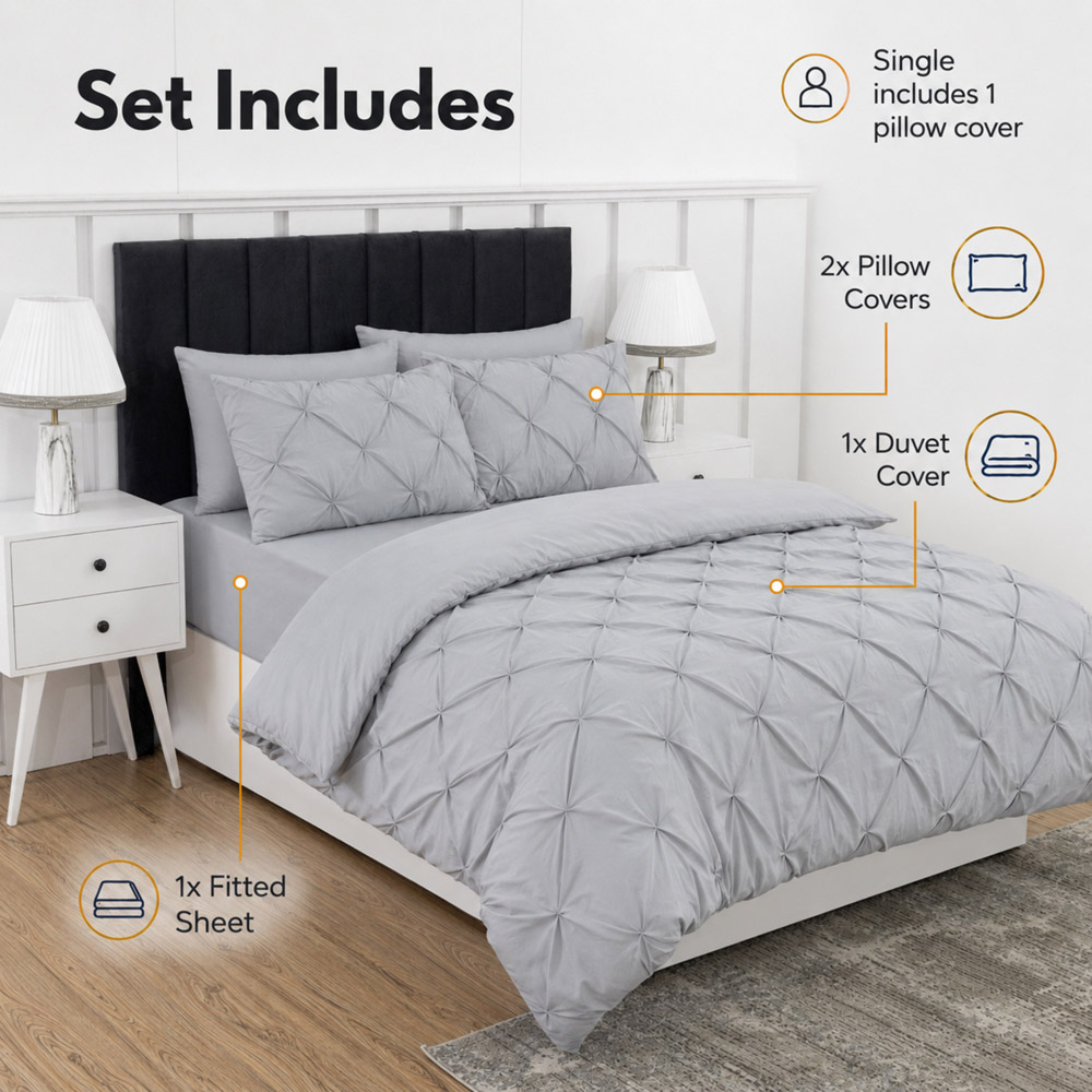 MHG Living King Size Grey Pintuck Duvet Cover Set with Fitted Sheet Image 6