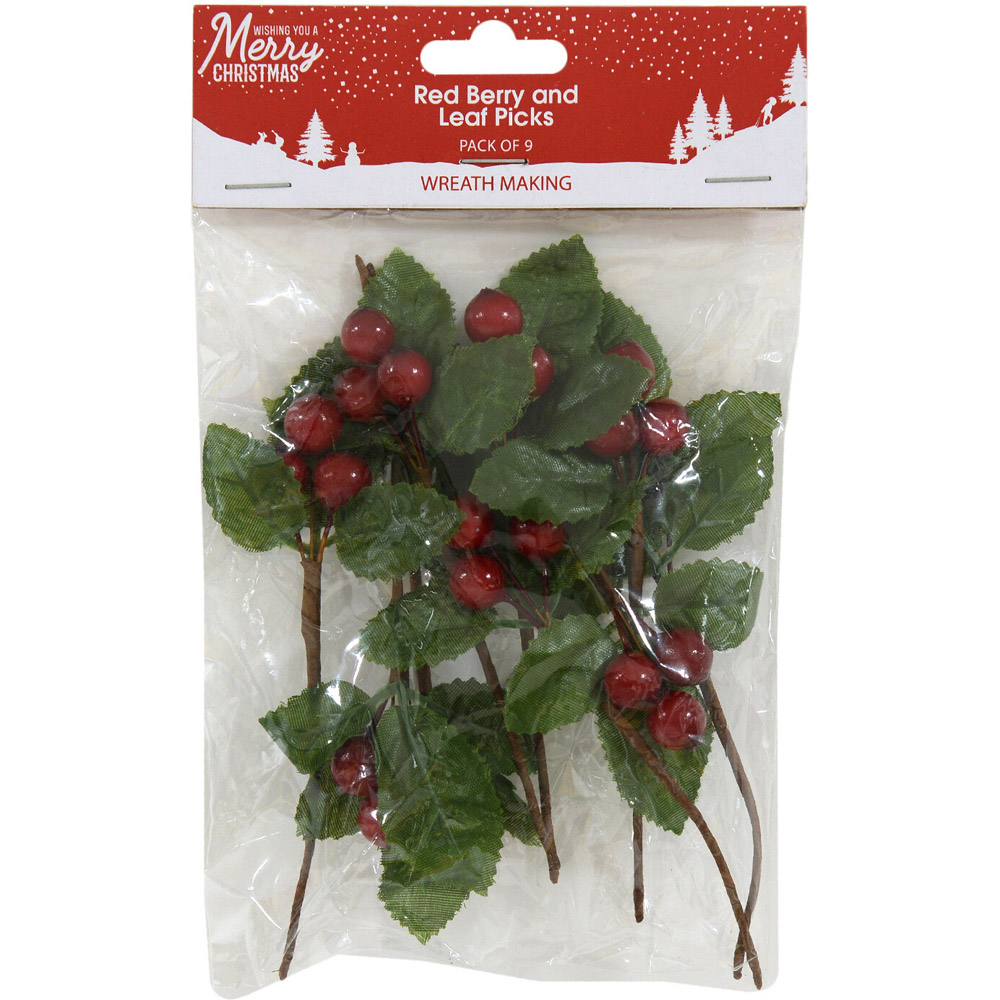 Pack of Nine Red Berry and Leaf Picks Image