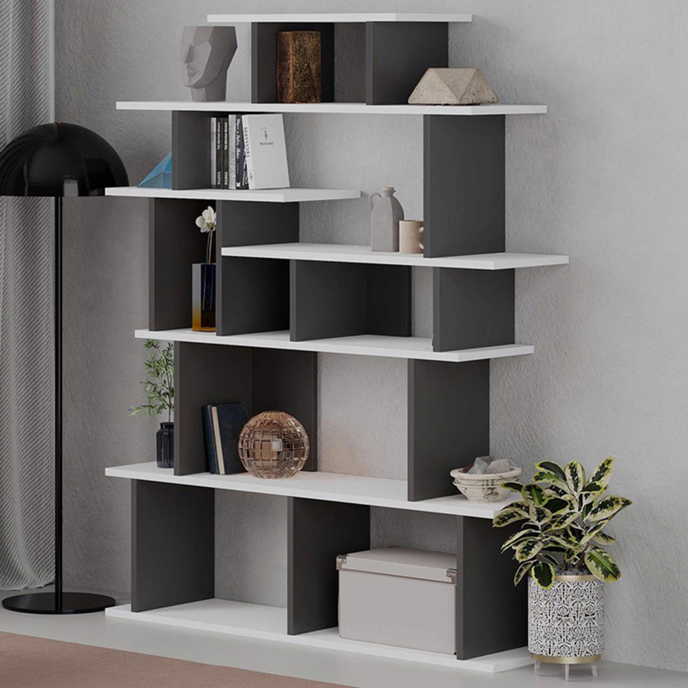 FWStyle Apollon 7 Tier White and Grey Wide Bookcase Shelving Unit Image 1