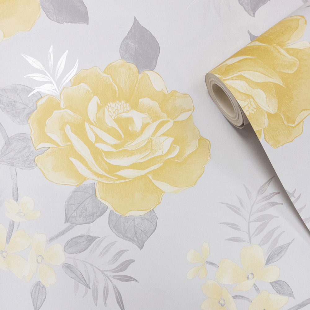 Muriva Rosalind Floral Grey and Ochre Wallpaper Image 2