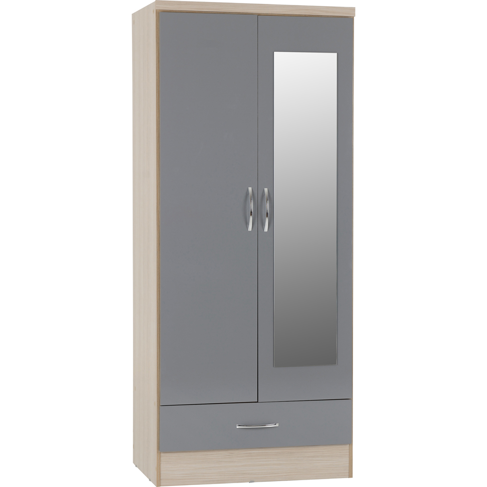 Seconique Nevada 2 Door Single Drawer Grey Gloss and Light Oak Effect Mirror Wardrobe Image 2