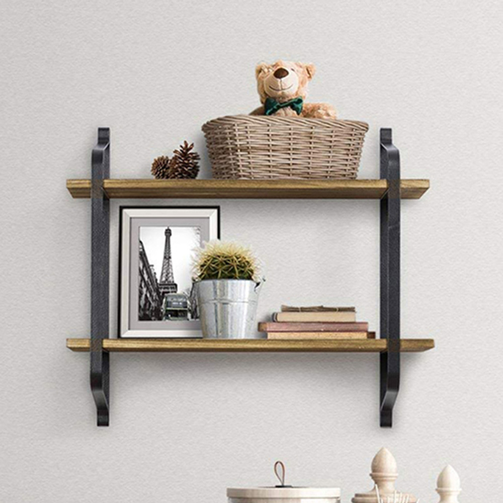 Living And Home WH0948 Wood Metal Frame & Wood 2-Tier Wall Mounted Floating Shelf Image 8