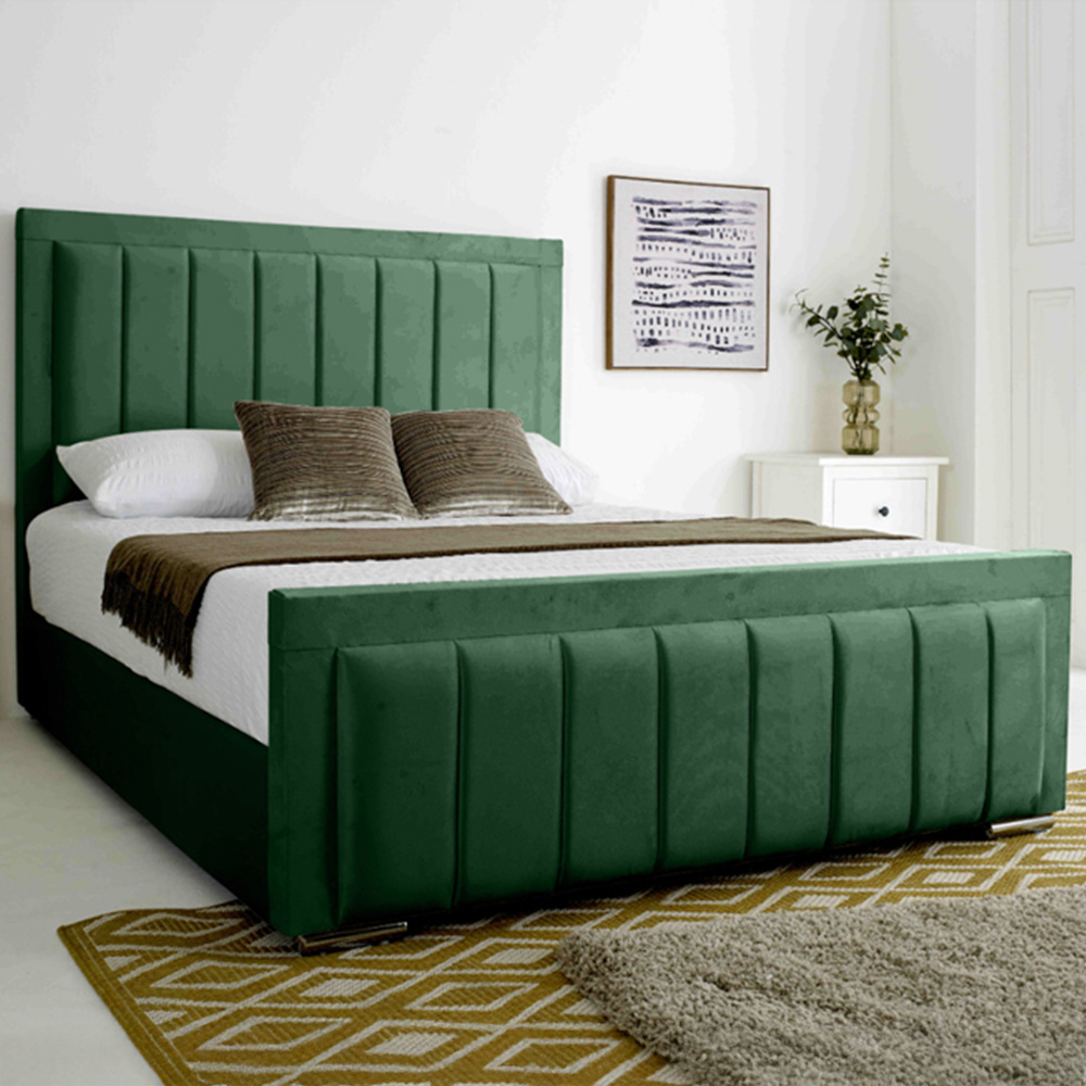 Eleganza Stylus Double Green Plush Velvet Bed Frame with Lined Headboard and Footboard Image 1