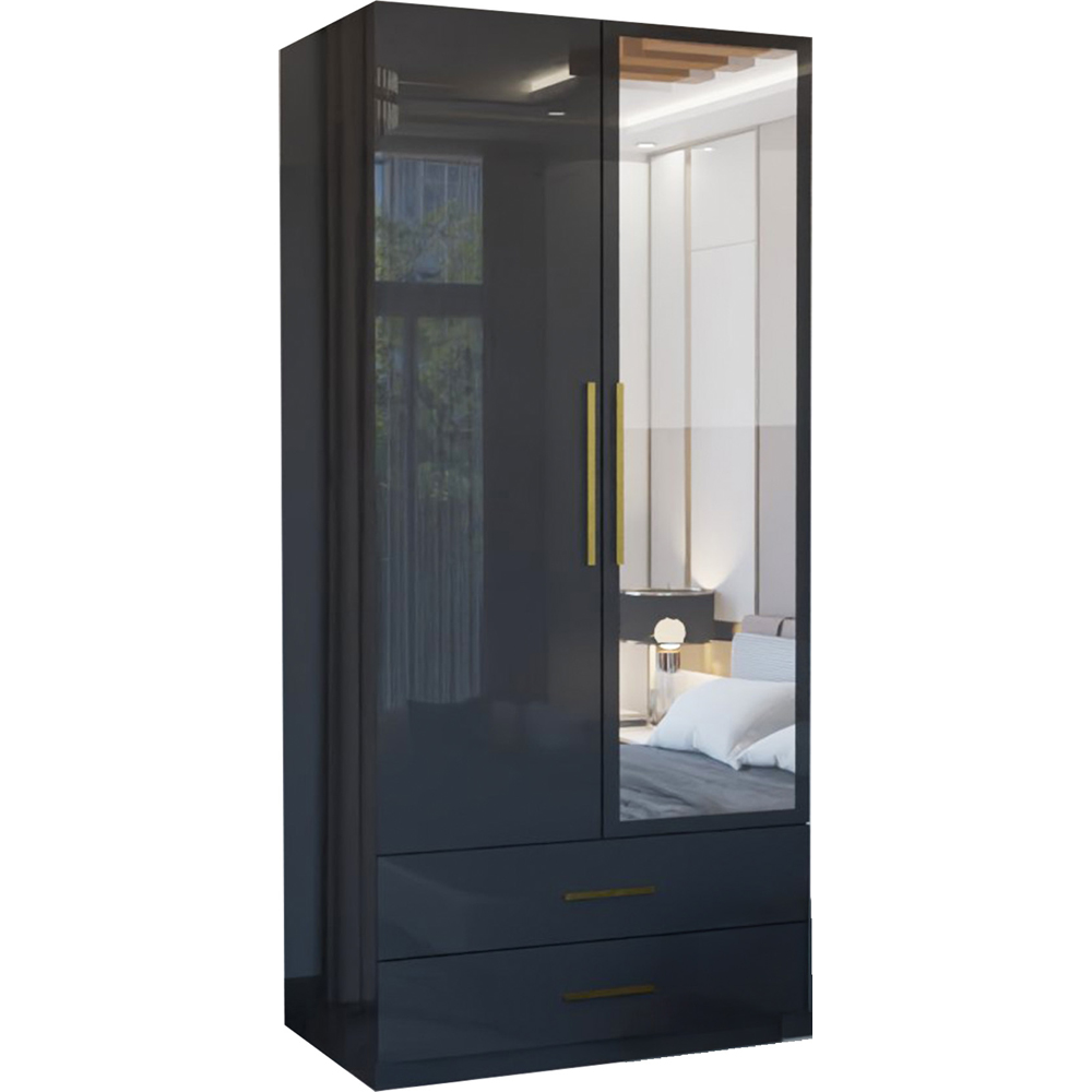 M N Furniture Glossera 2 Door 2 Drawer Black High Gloss Mirrored Wardrobe 90cm Image 2