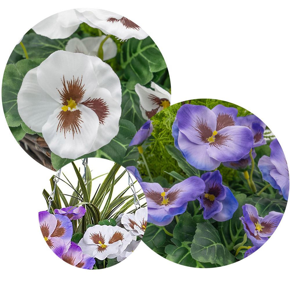 GreenBrokers Artificial Purple and White Pansies Round Rattan Hanging Plant Baskets 2 Pack Image 3
