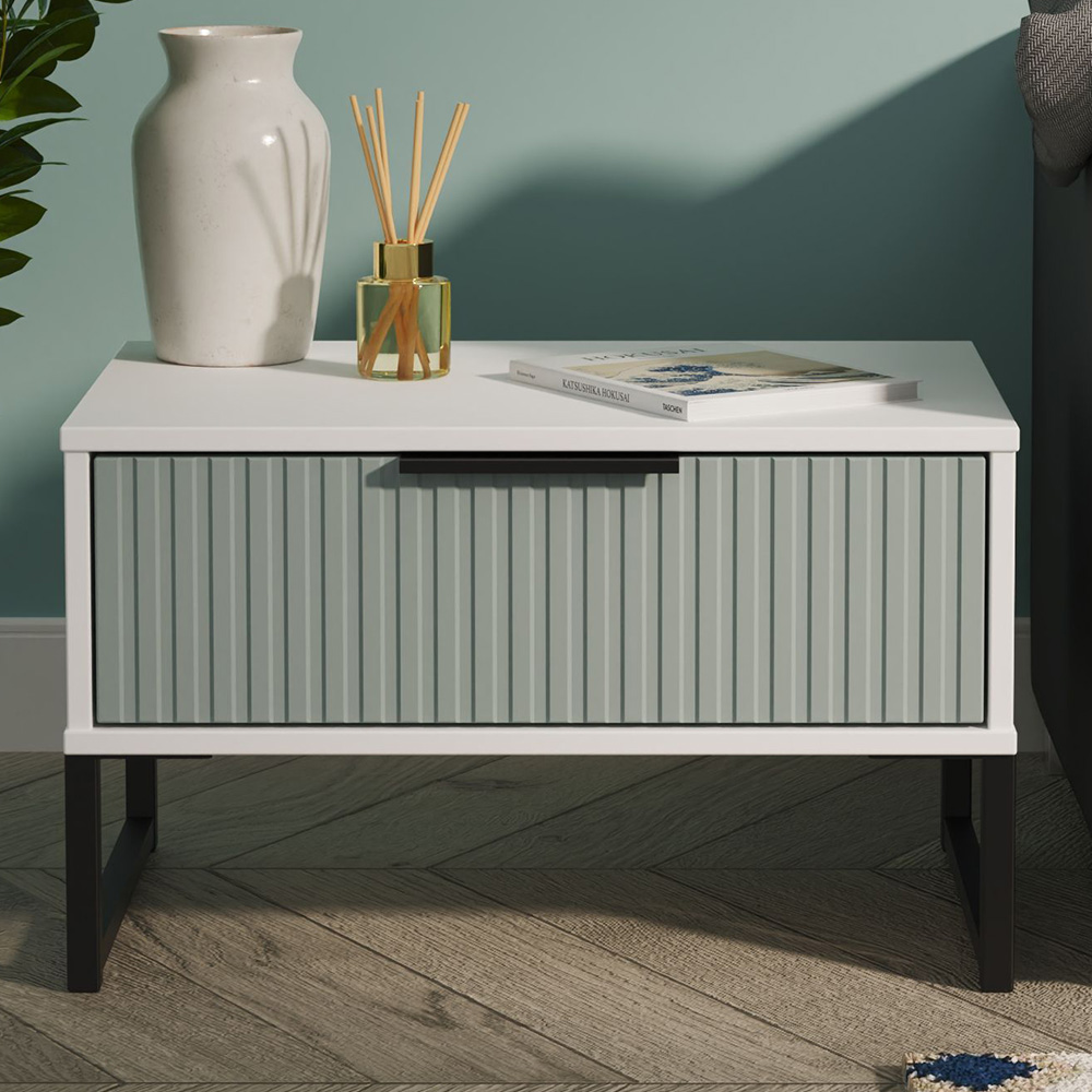 Crowndale Fluted Single Drawer Duck and White Matt Wide Side Table Ready Assembled Image 1