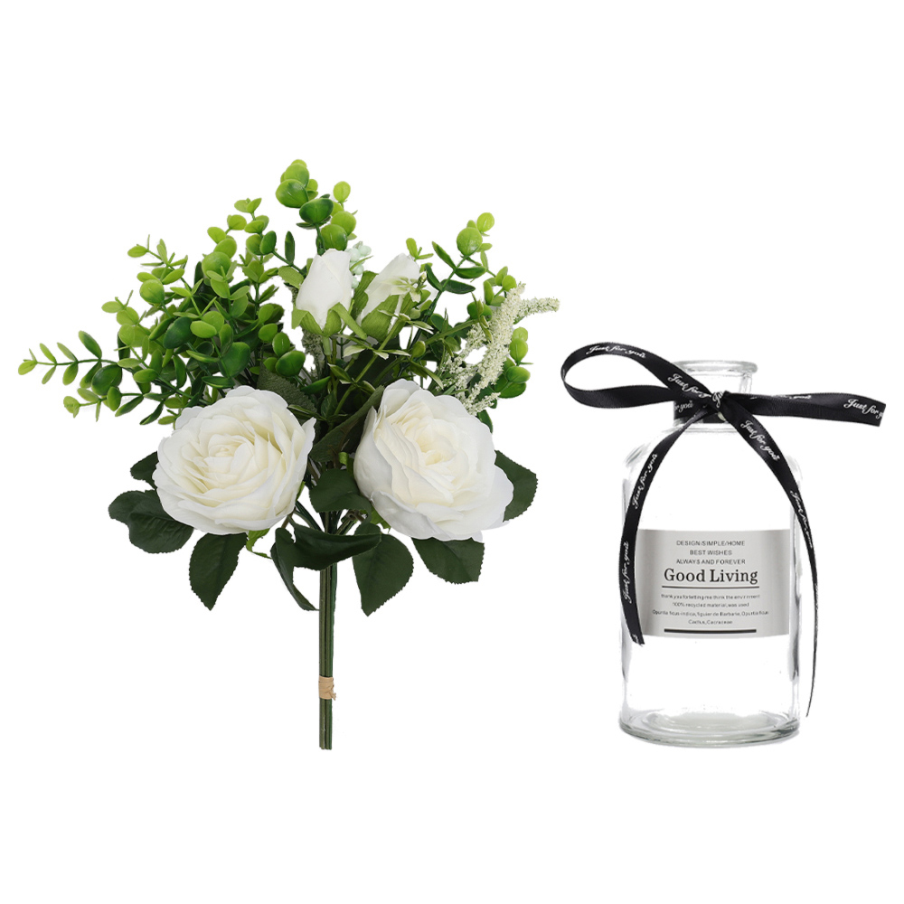 Living And Home SW0247 White Glass Vase Artificial Plant 38cm Peony Image 3