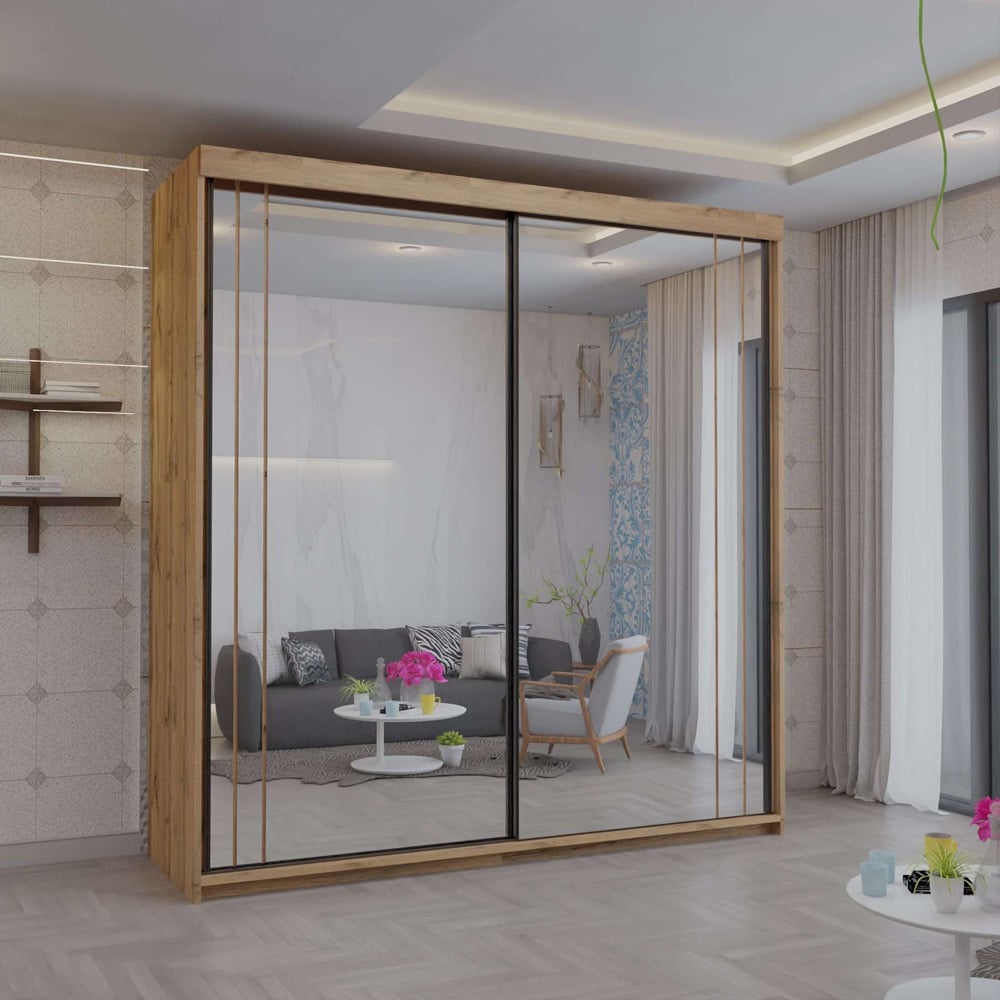 Modern Double Mirror Sliding Door Wardrobe with Shelves, Hanging Rails and Drawers (Oak 200cm) Image 3