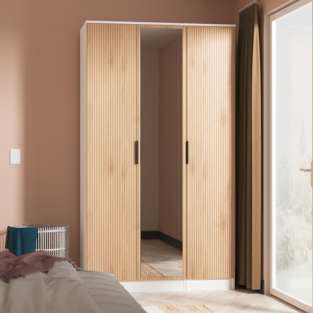 Crowndale Java 3 Door Slatt Effect and White Tall Mirrored Wardrobe Ready Assembled Image 8