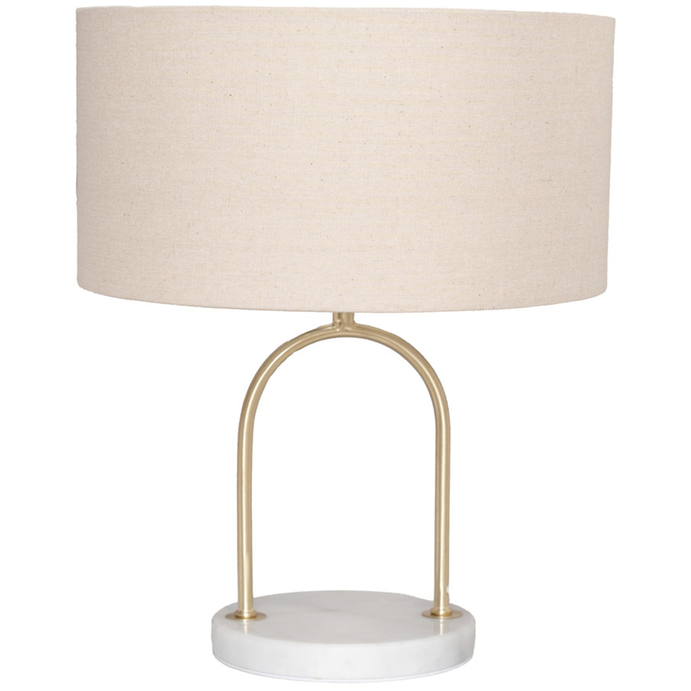 ValueLights Rachel Natural Lamp Shade Brushed Gold Arch Marble Base LED Table Lamp Image 1