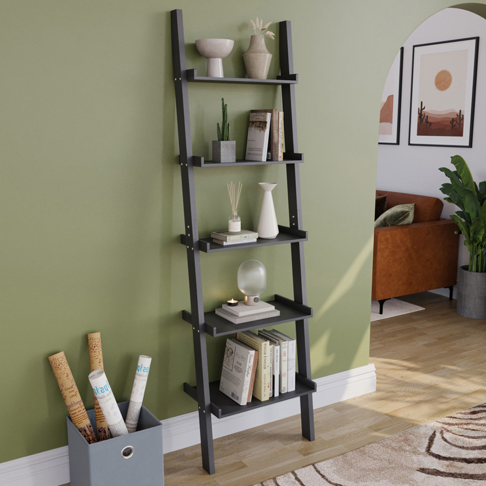 Vida Designs York 5 Shelf Black Ladder Bookcase Image 1