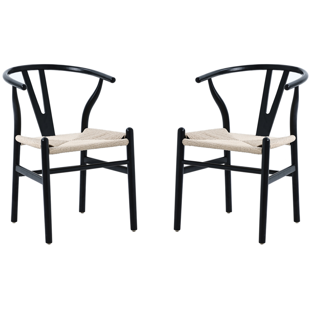 Furniture One Set of 2 Black Rattan Ash Solid Wood Y-Shaped Dining Chair Image 2