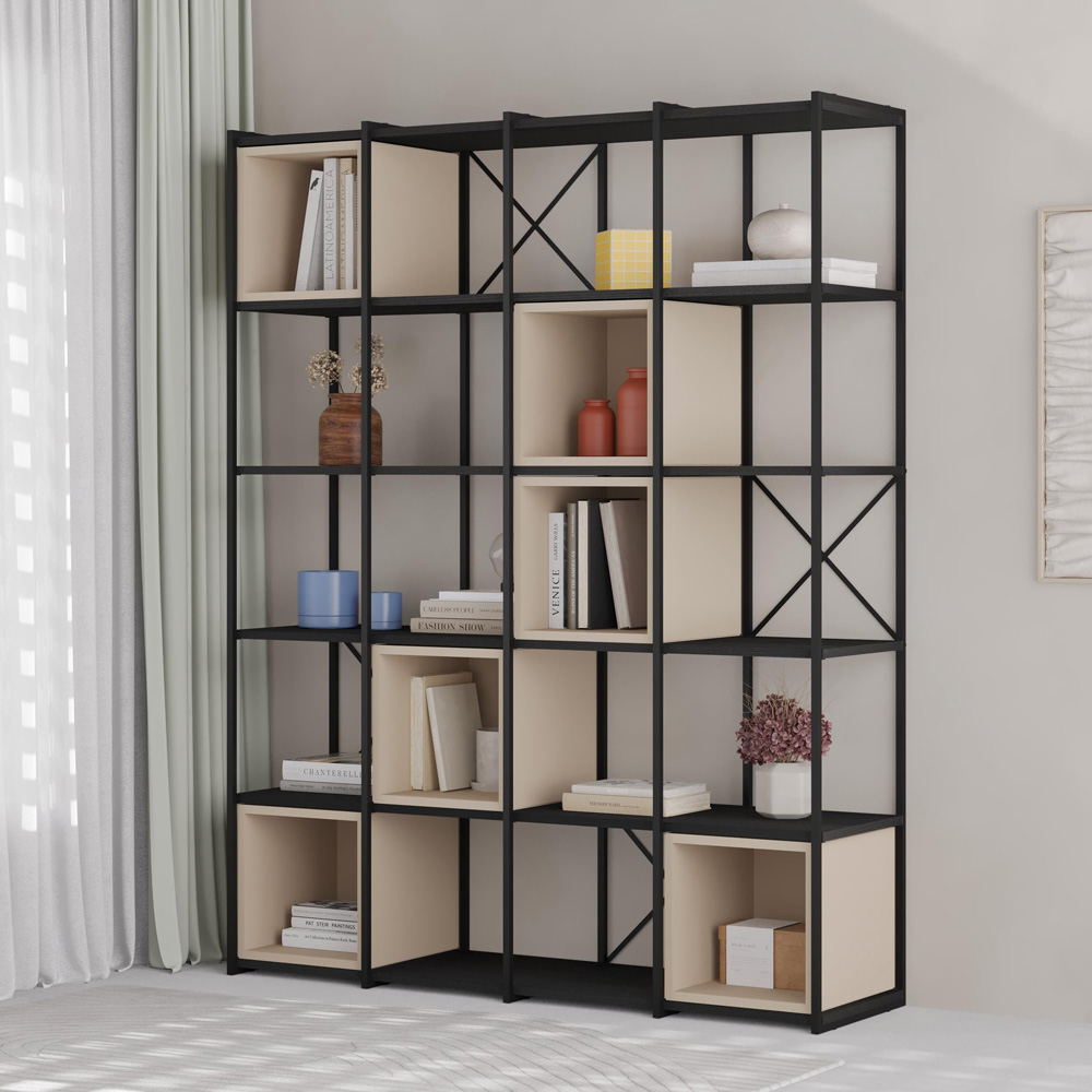 Decortie Vale Maxi 20 Shelf Black Wood and Sandstone Bookcase Image 4