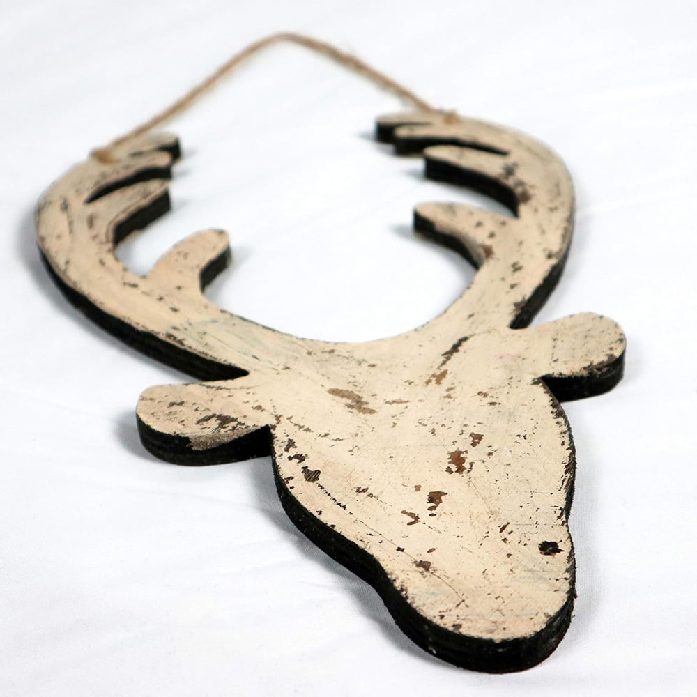 Shatchi Cream Deer Head Wooden Hanging Christmas Decoration 26cm Image 2