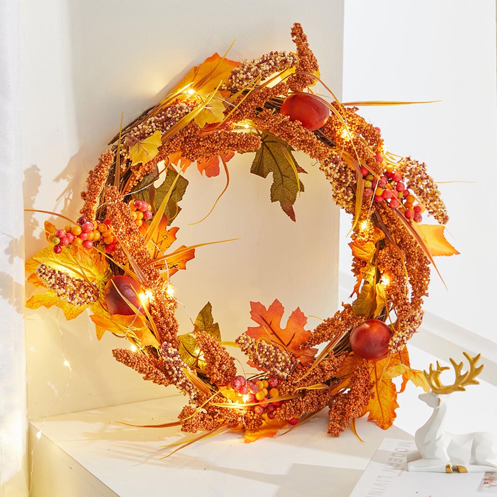 Living and Home Autumn Golden Sorghum Door Wreath with LED Lights 50cm Image 5