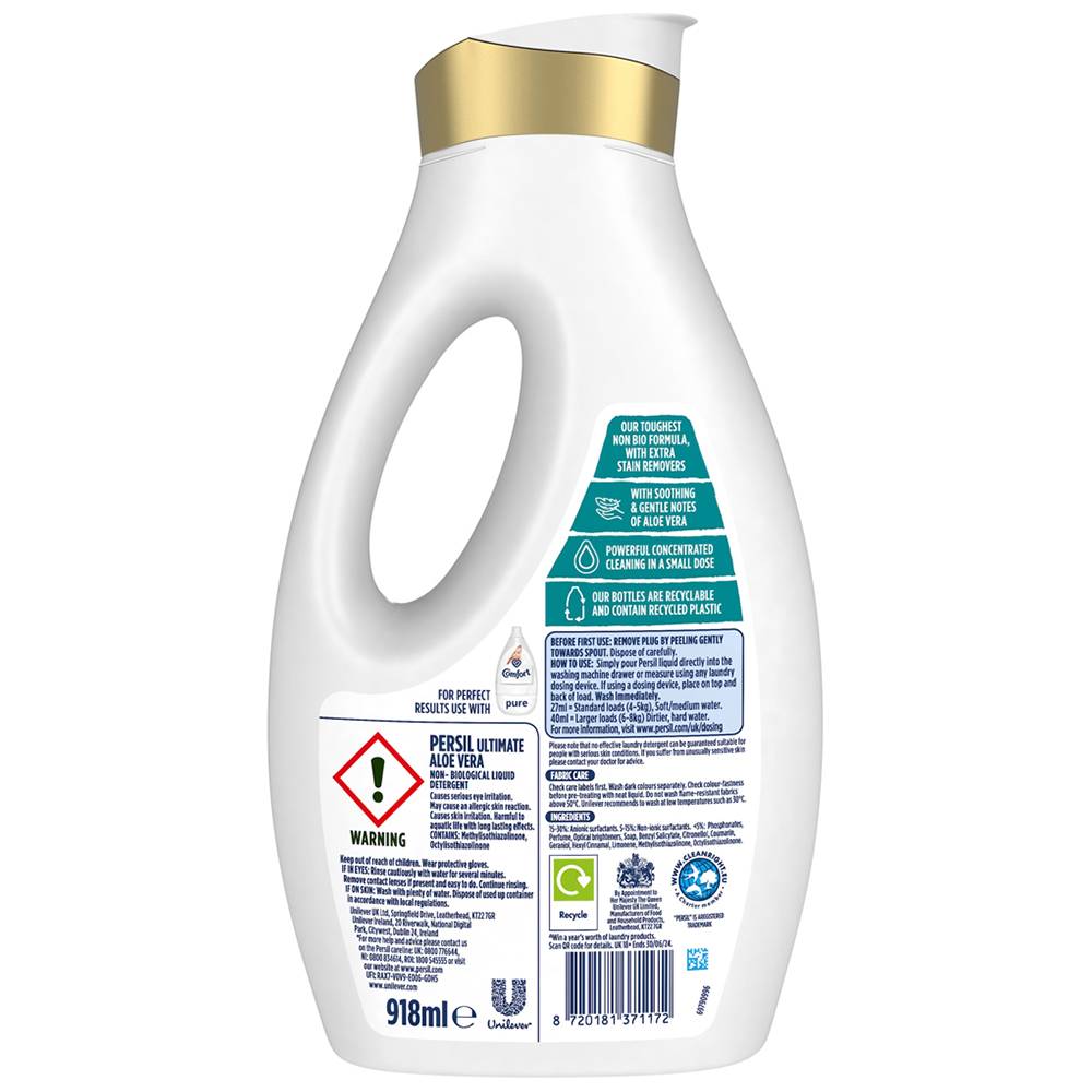 Persil Ultimate Non-Bio Aloe Vera Laundry Washing Liquid Detergent 34 Washes Case of 5 x 918ml Image 3