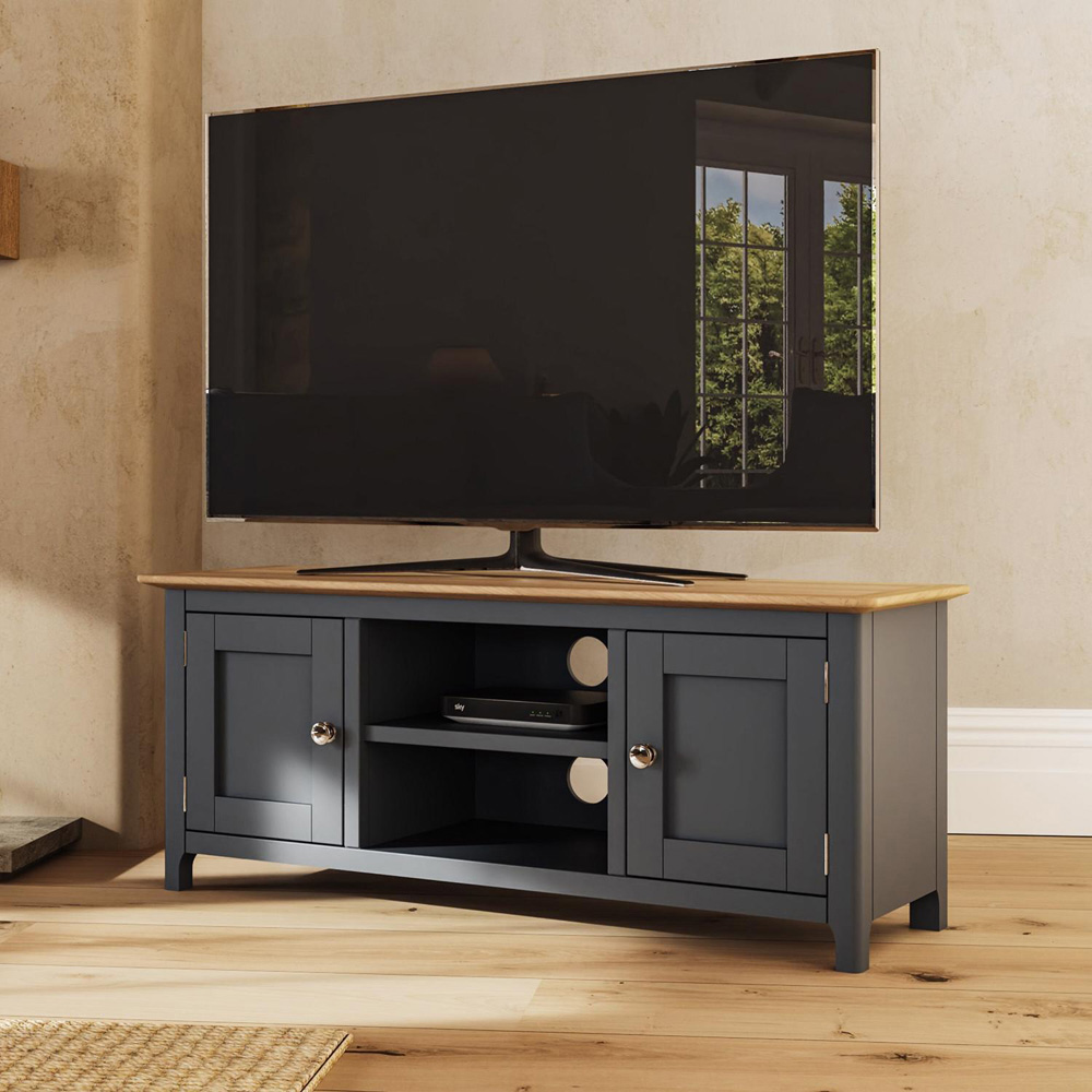 FWStyle Taberno 2 Door 2 Shelf Graphite Blue and Oak Wide TV Unit Image 8