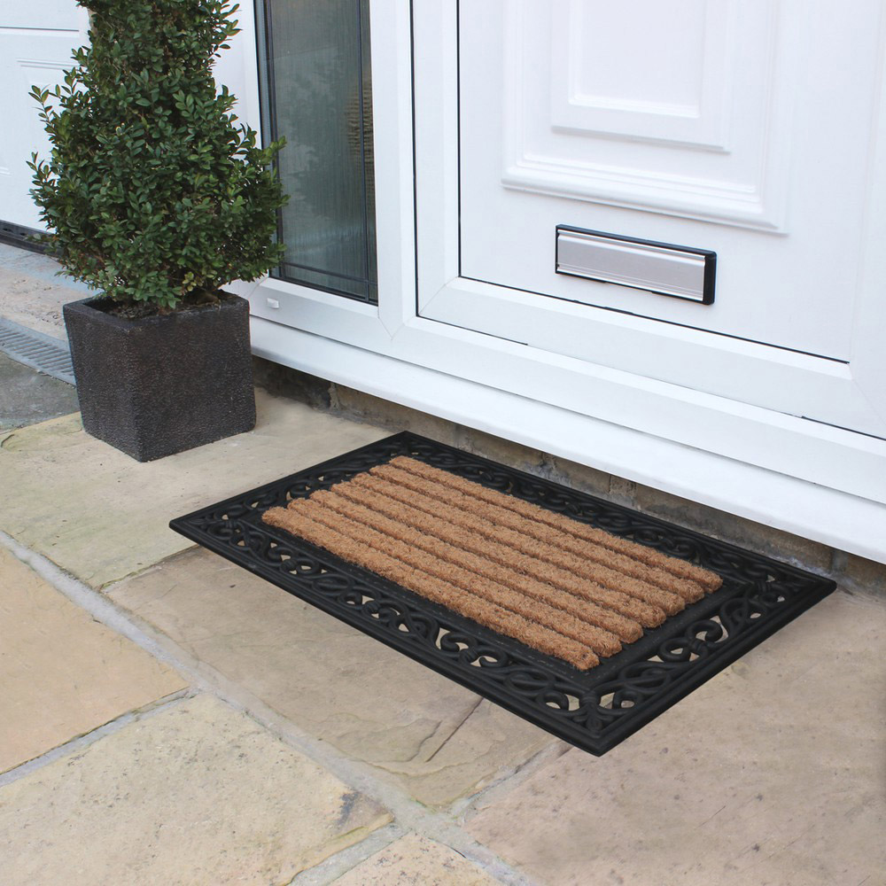 Filigree Rubber Scraper Doormat, Floor Door Mat in Black Rubber