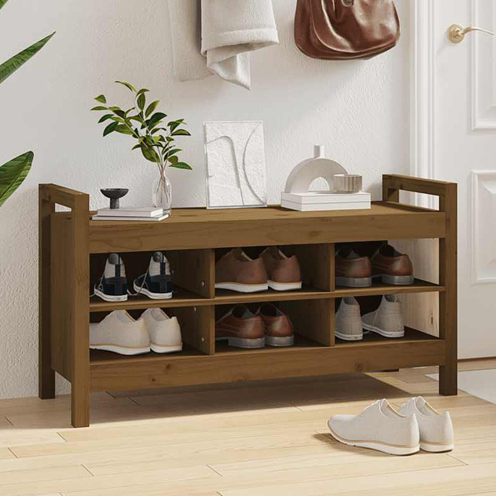 vidaXL 6 Shelf Brown Wooden Hallway Bench Image 1