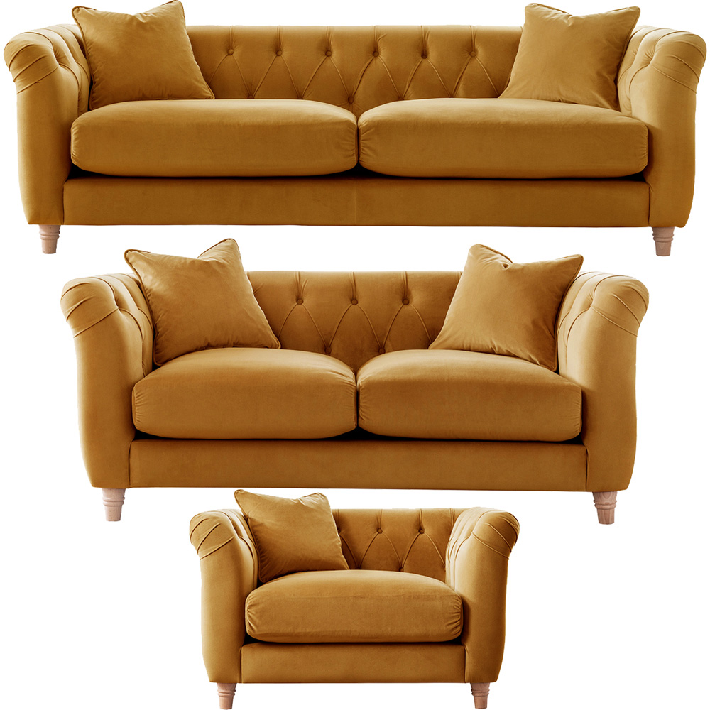 Elsie Chesterfield 6 Seater Ochre Plush Velvet Sofa Suite Image 2