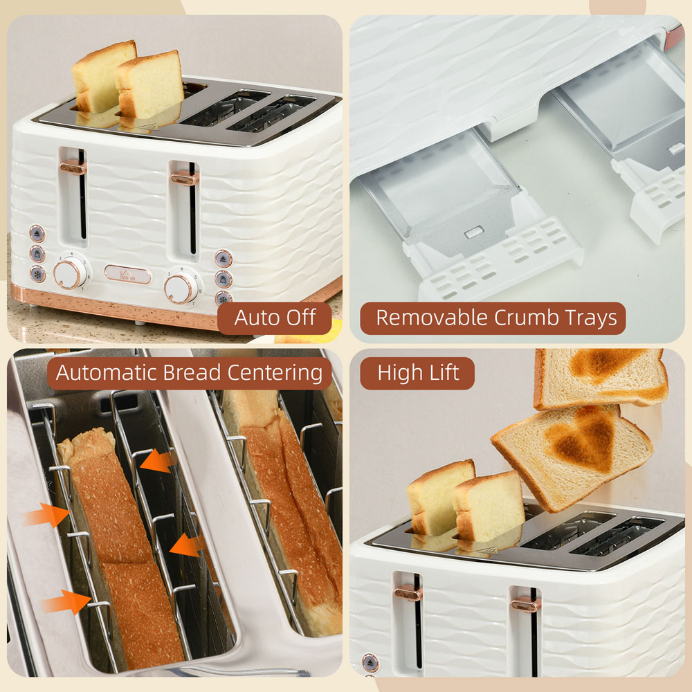 HOMCOM 800-209V70CW White Ripple 4 Slot Toaster 1600W Image 8