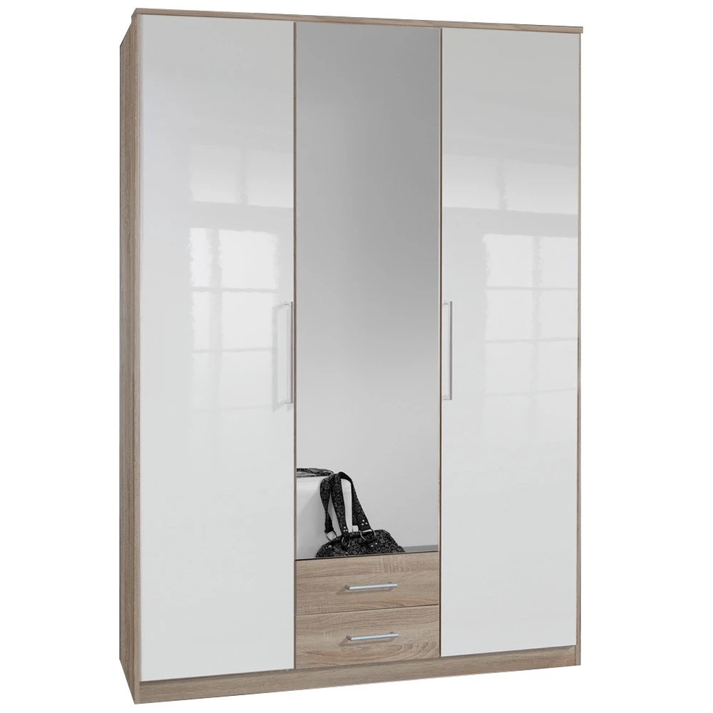 TJ'S Omega 3 Door 2 Drawer Oak and White Mirrored Wardrobe Image 2