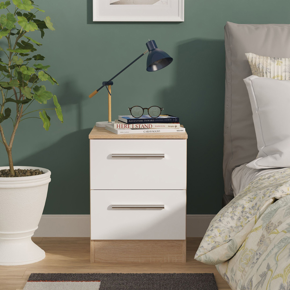 Crowndale Contrast 2 Drawer White Matt and Bardolino Oak Compact Bedside Cabinet Ready Assembled Image 7
