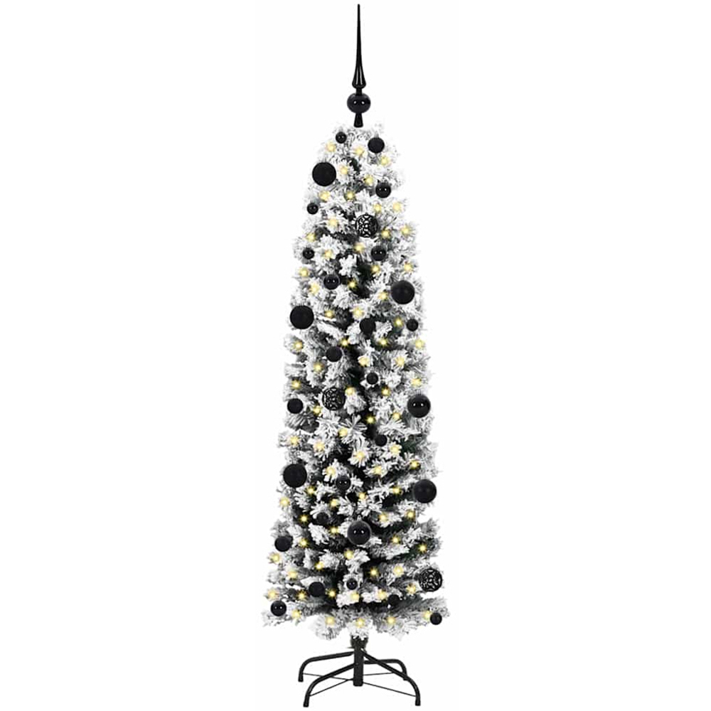 vidaXL Green Snow Flocked Artificial Christmas Tree with LEDs Black Decoration Ornaments 5ft Image 1