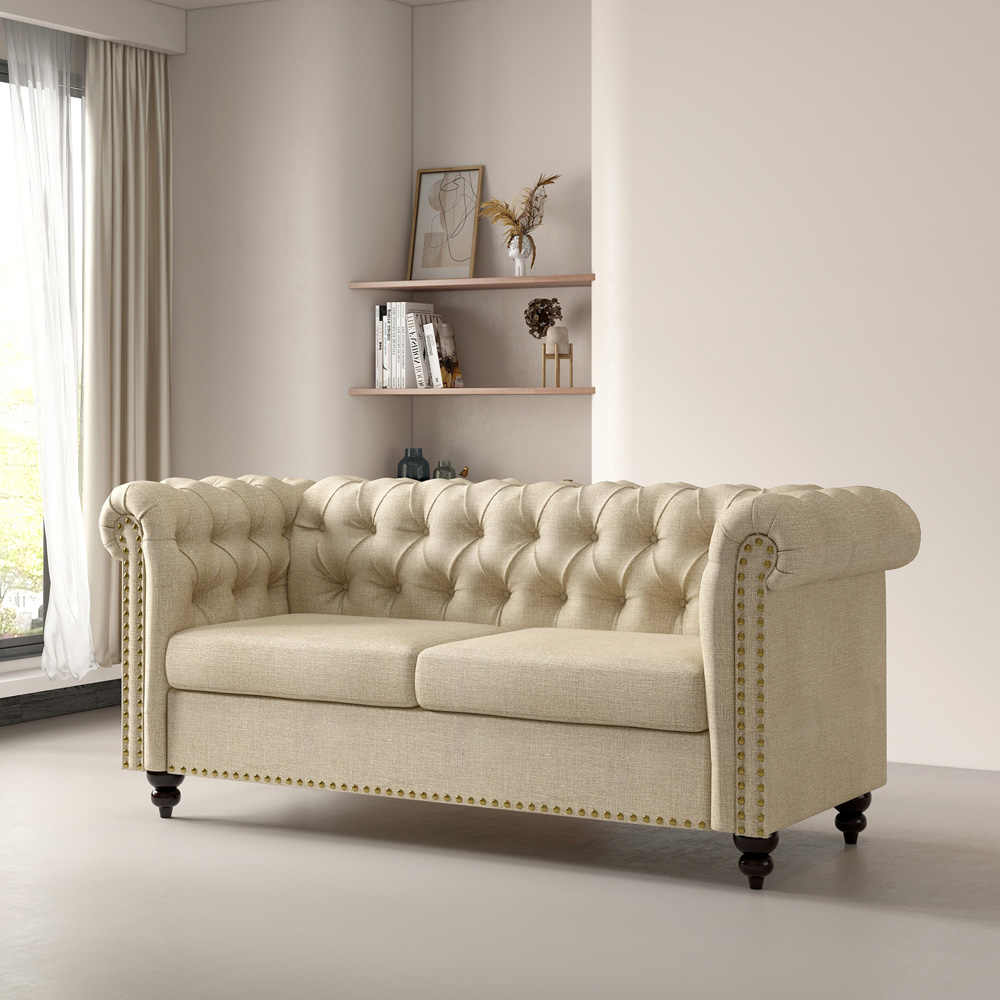 Victoria 2 Seater Beige Linen Button Tufted Chesterfield Sofa Image 7