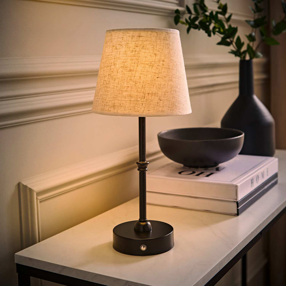 ValueLights Lowe Linen Taper Shade Black Portable Rechargeable Table Lamp with Bulb Image 2