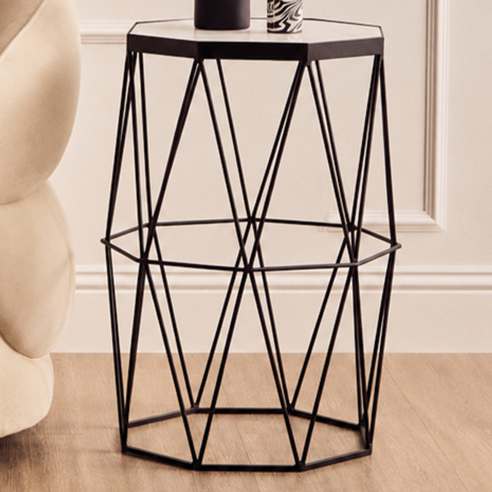 Premier Housewares Shalimar White and Black Side Table with Octagonal Marble Top Image 1