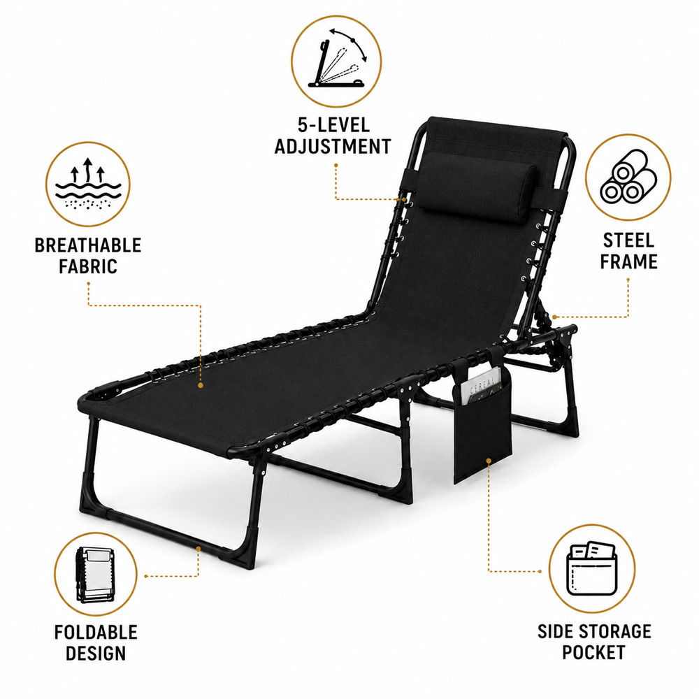 Shatchi Black Foldable Sun Lounger with Adjustable Backrest Image 8