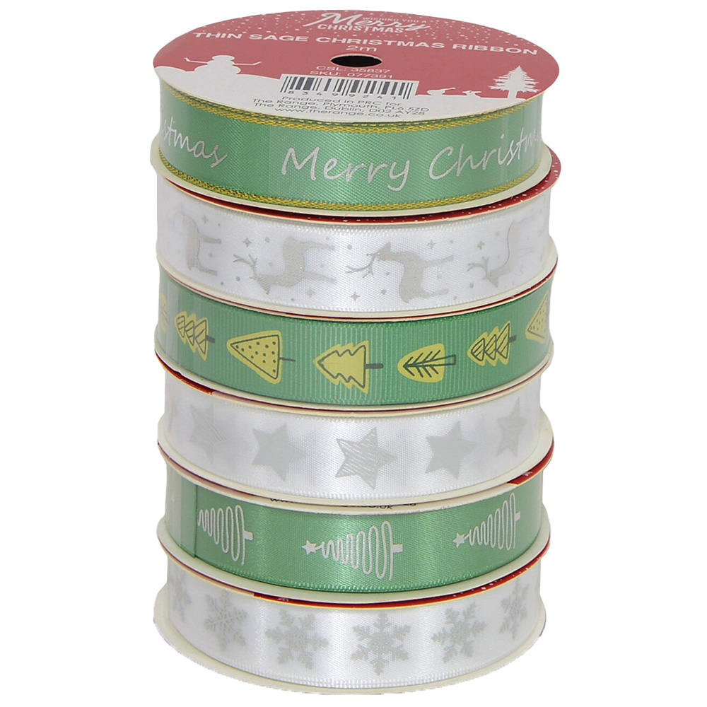Pack of 3 Thin Sage Christmas Ribbons - Sage Green Image 1