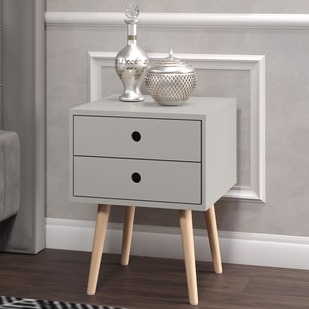 Scandia 2 Drawer Light Grey Tapered Legs Bedside Table Image 1