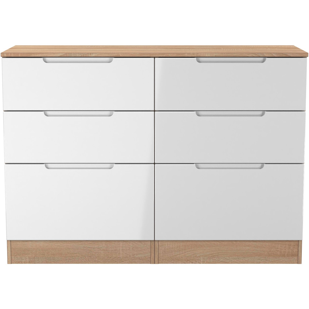 Crowndale Milan 6 Drawer White Gloss and Bardolino Oak Wide Chest of Drawers Ready Assembled Image 3