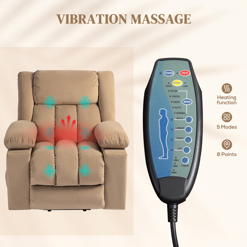 HOMCOM Light Brown Power Lift Recliner Chair with Vibration Massage Image 5
