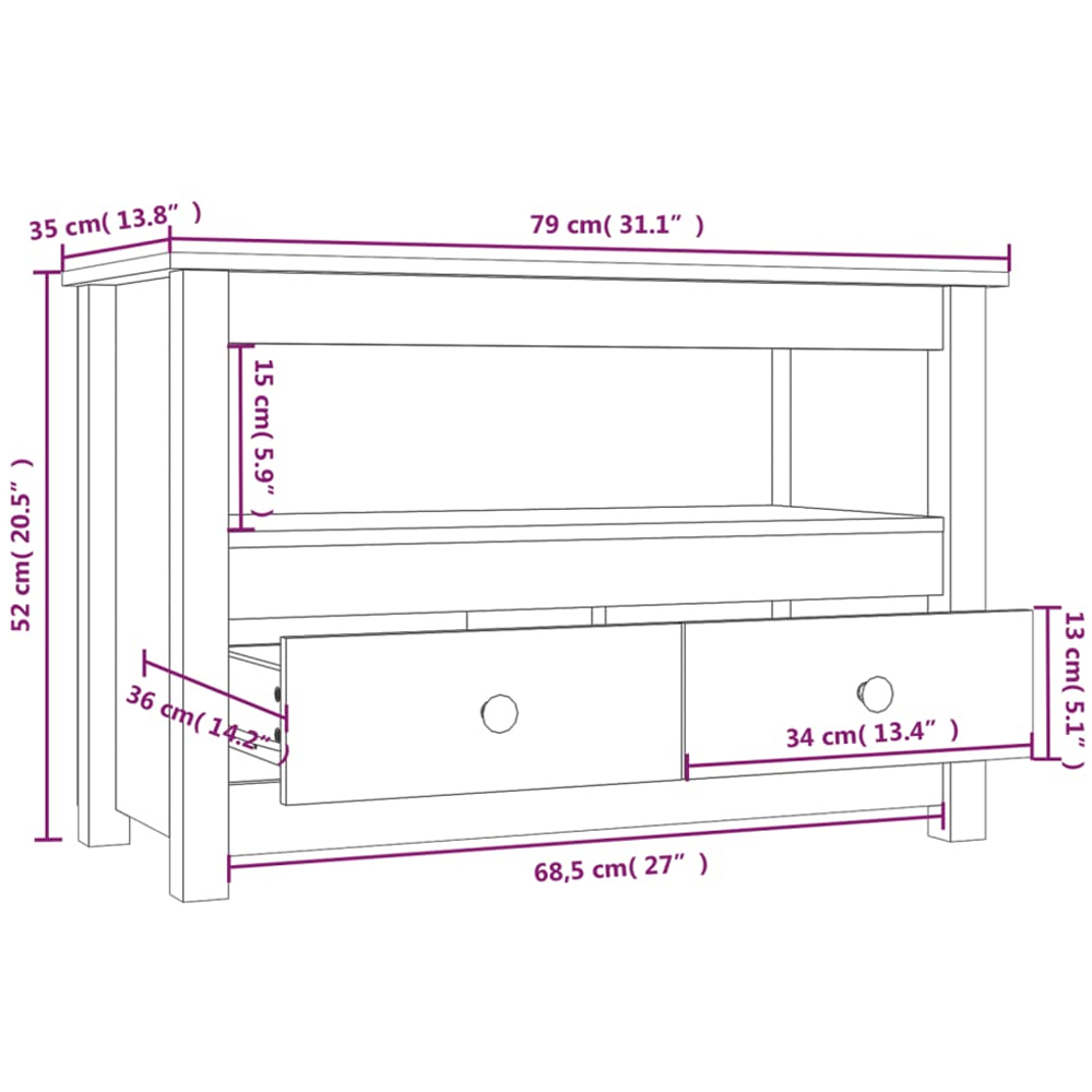 vidaXL 2 Drawer Single Shelf Black Solid Pine Wood TV Cabinet Image 9