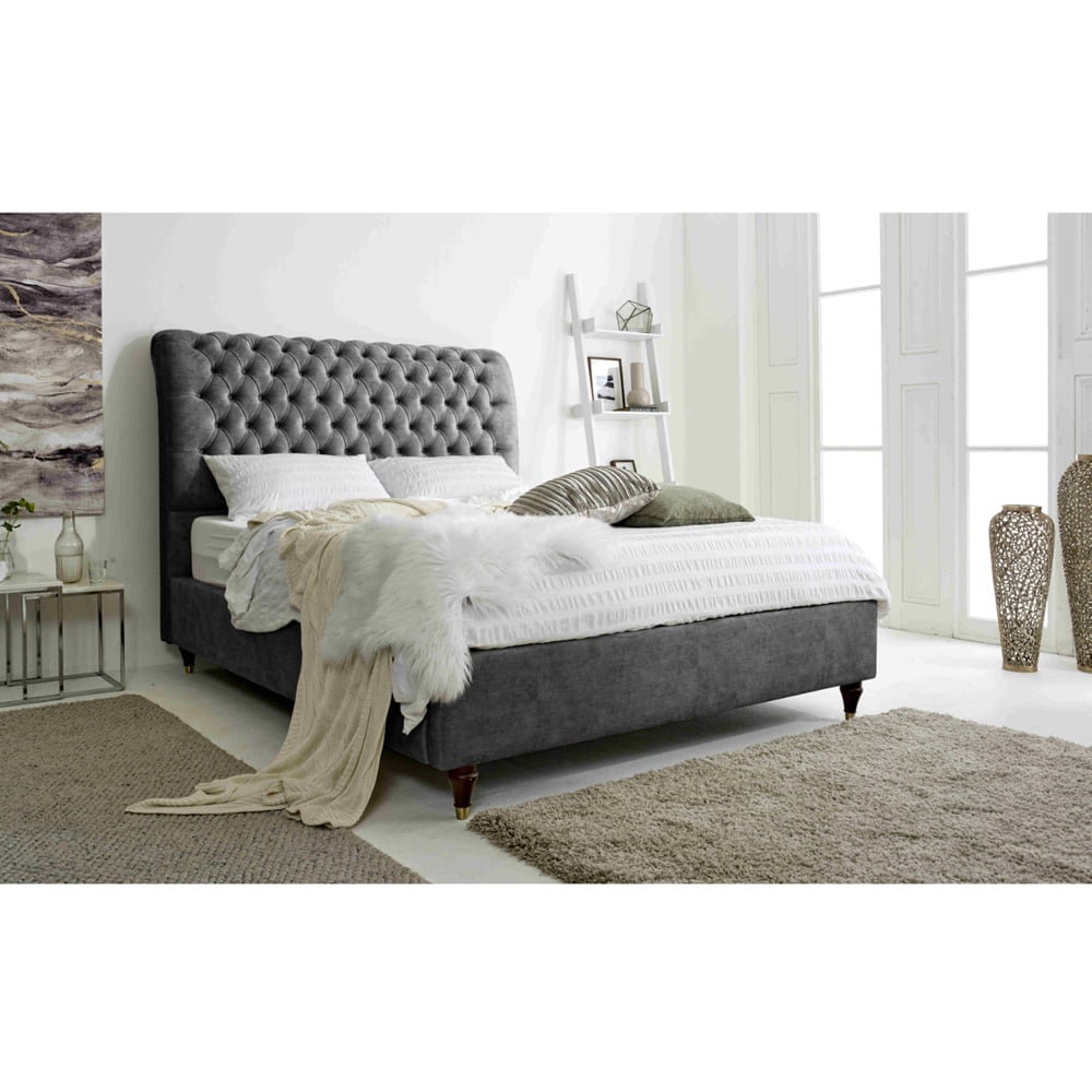 Eleganza Alisyn Double Gunmetal Marble Fabric Bed Frame with Sleigh Headboard Image 4