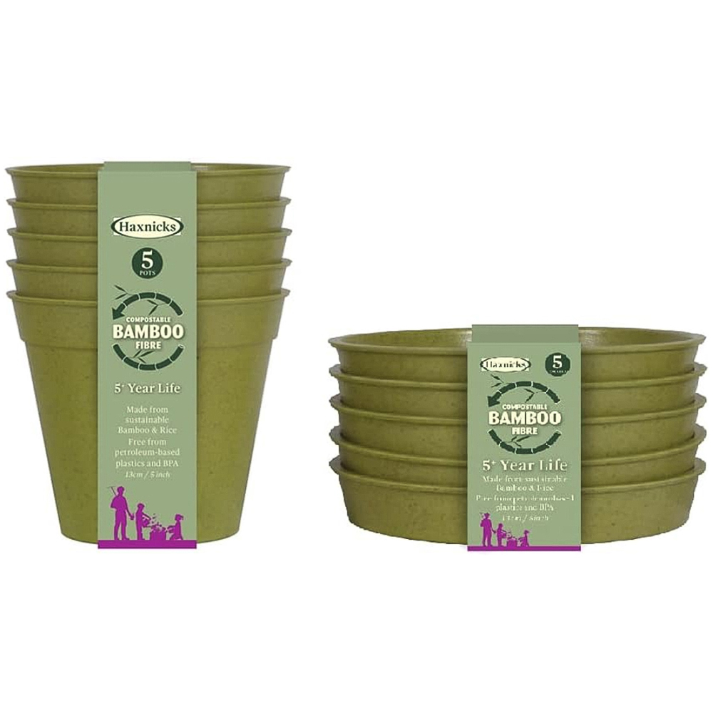 Garden Gear Sage Green Bamboo Pot with Saucer 13cm 5 Pack Image 1