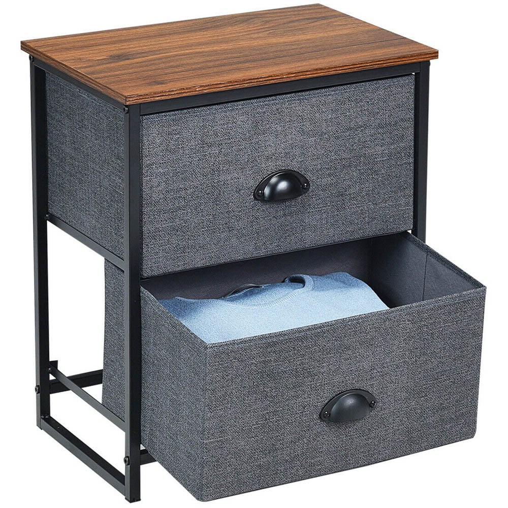 Costway Black 2 Drawer Fabric Nightstand Bedside Storage Cabinet Image 4