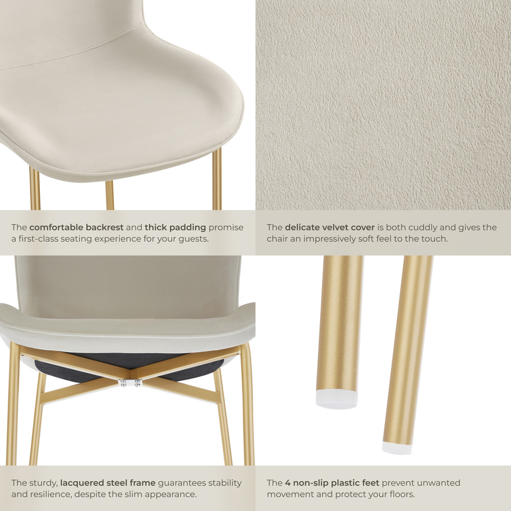 tectake Tessa Beige and Gold Velvet Padded Dining Chair Image 4