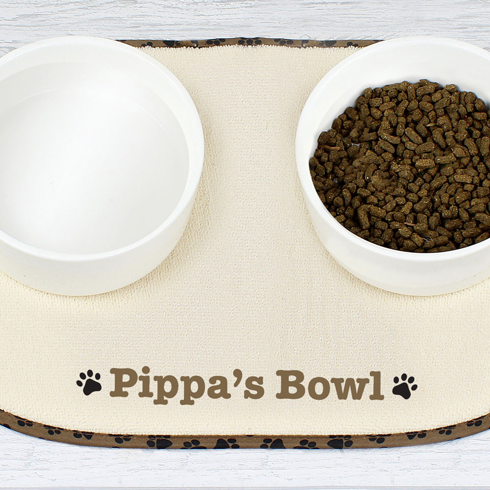 Personalised Memento Brown Paw Print Pet Bowl Mat Image 2