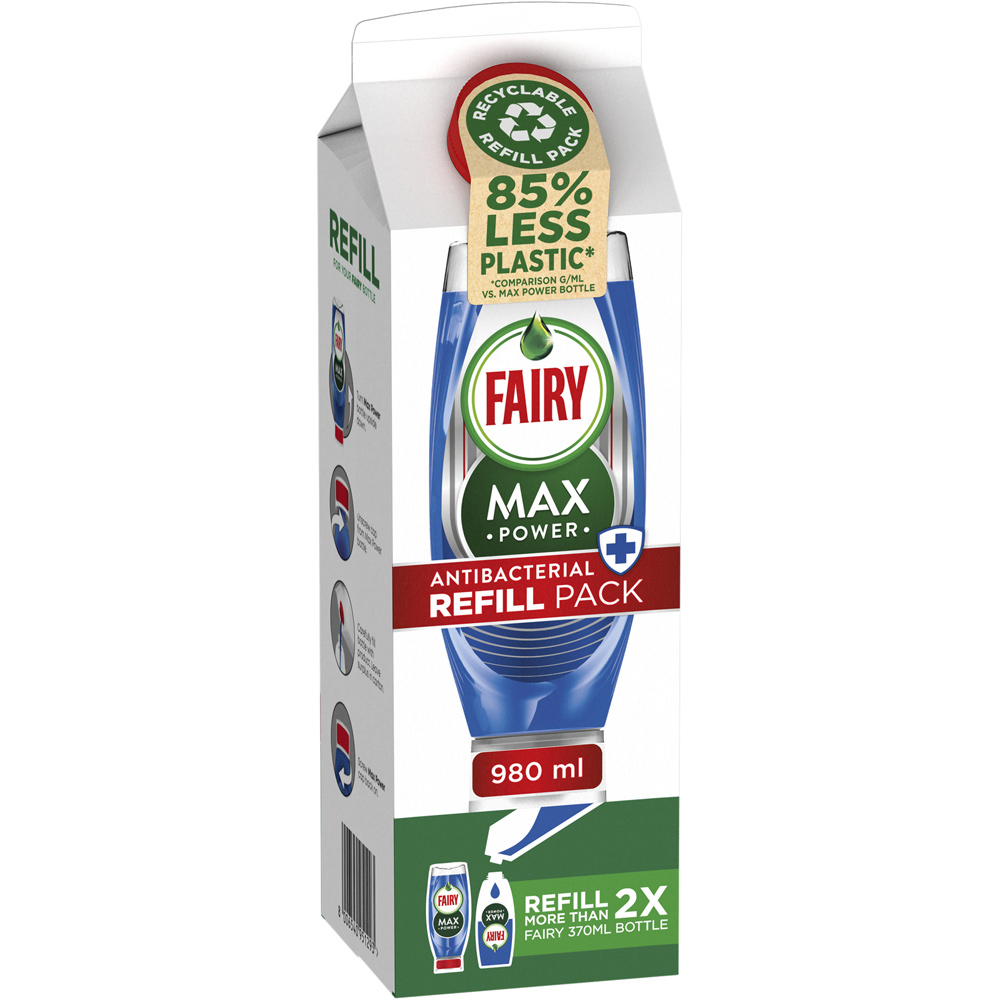 Fairy Max Power Antibacterial Washing Up Liquid Refill Carton 980ml Image 1