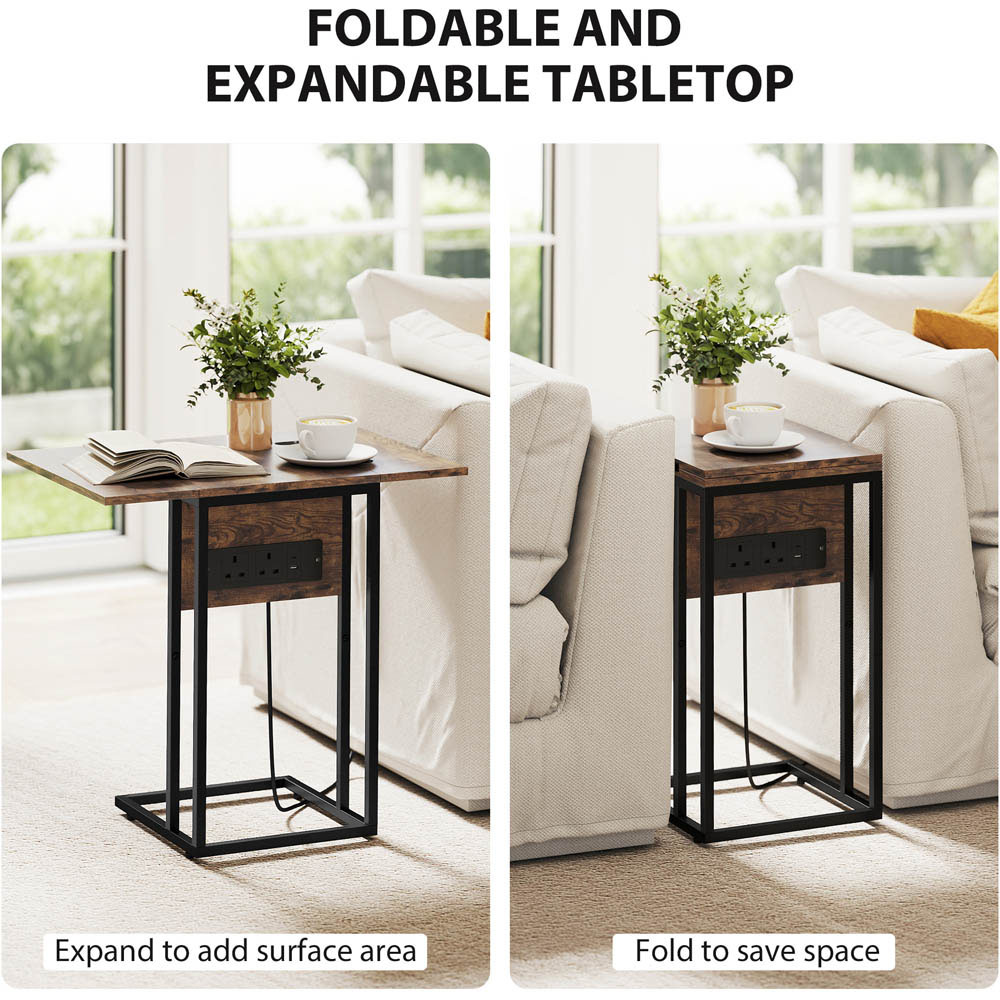 Portland Rustic Brown C Shaped Foldable Top Side Table with Charging Station Image 8