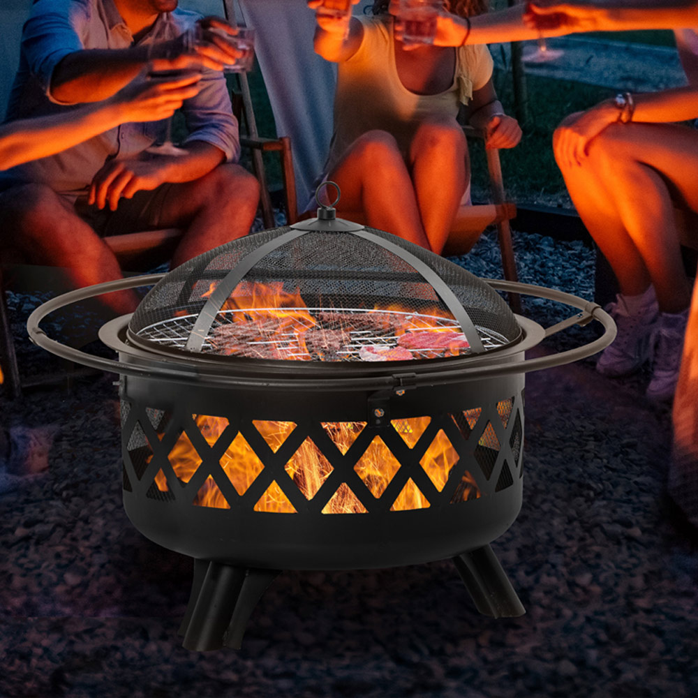Outsunny Painted Steel Fire Pit BBQ with 3 Feet, Poker and Mesh Lid Image 2