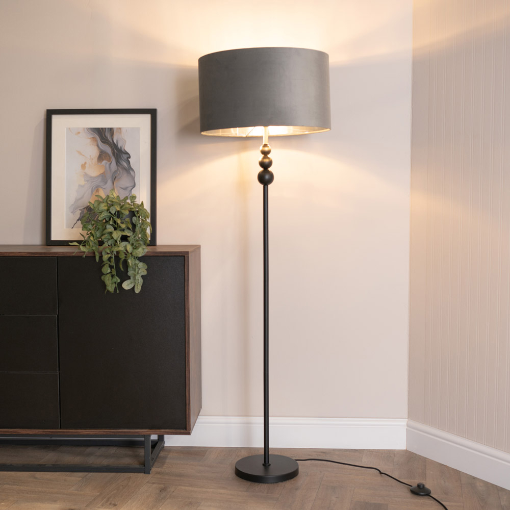 ValueLight Marissa Grey Velvet Chrome Inner Shade Black Stacked Ball LED Floor Lamp Image 3