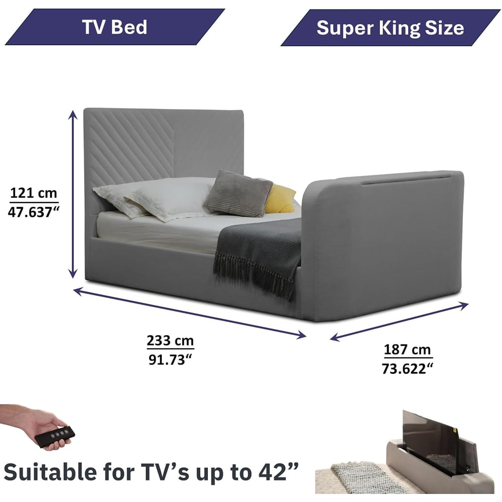 Home Treats Super King Size Grey Velvet Ottoman TV Bed Image 9