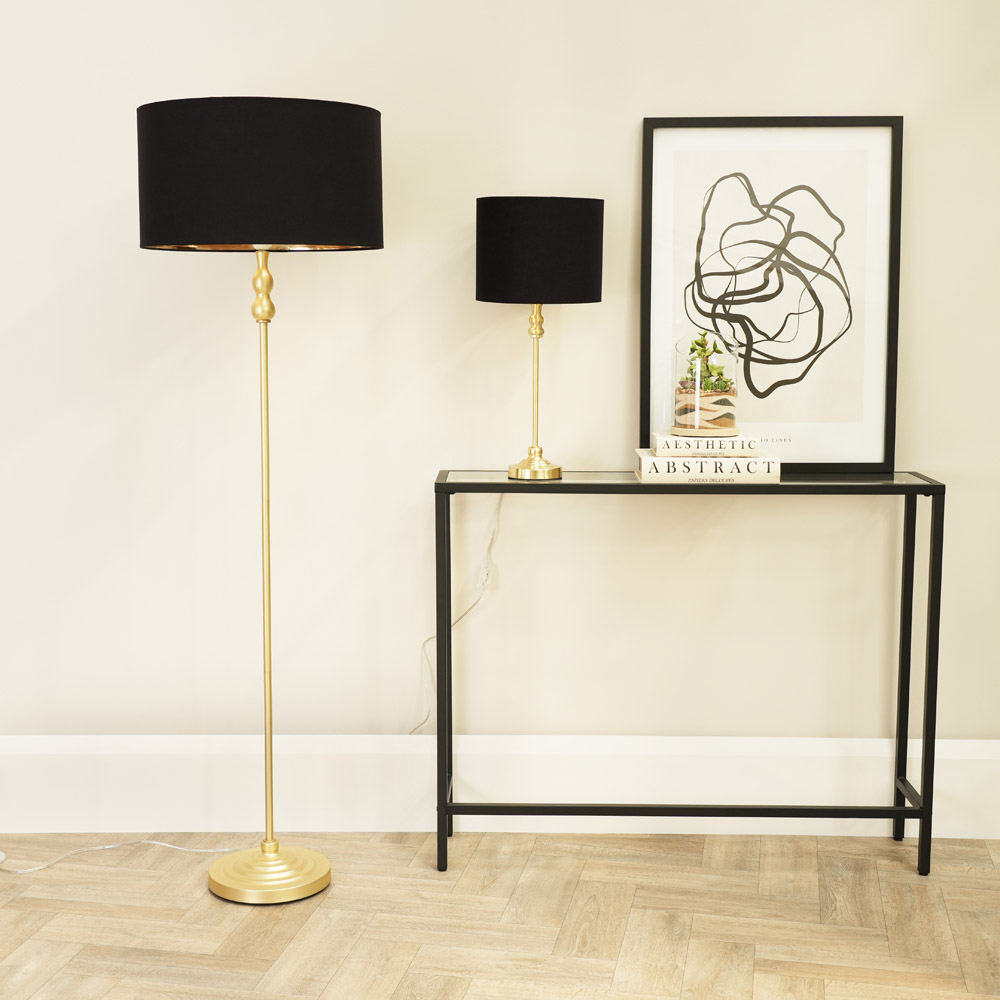 ValueLights Maggie Black and Metallic Gold Drum Shade Candlestick LED Floor Lamp Image 5